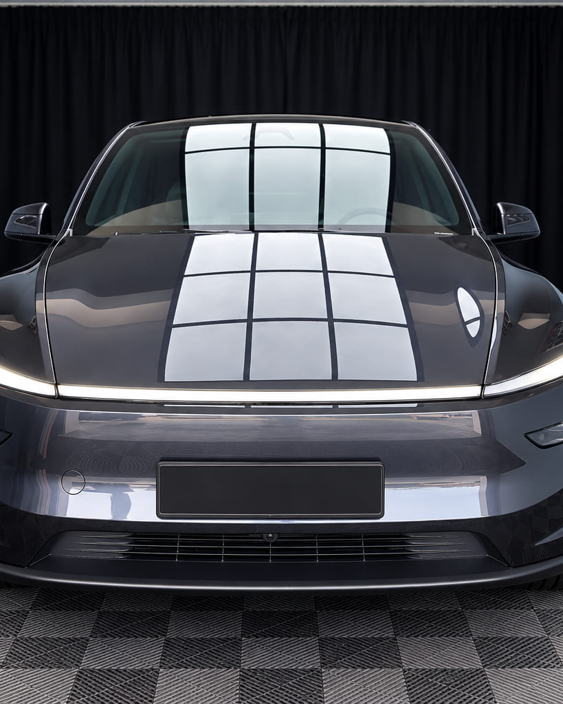 A grey electric crossover standing under the ceiling light panel of the Evo Shine Kajang bay, the panel mirrored square across its bonnet and windscreen.